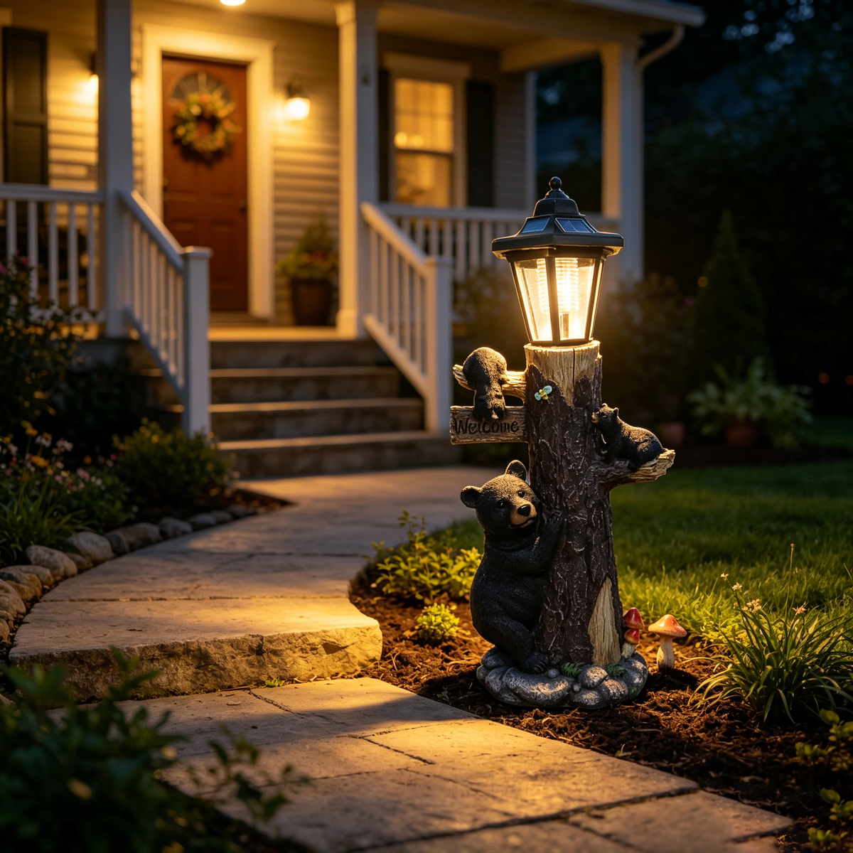 Black bear statue welcome sign garden statue with solar light, 19-inch resin bear family on tree, outdoor bear decoration for courtyard, garden, lawn, yard, perfect gift for Thanksgiving, Christmas, M - image 12