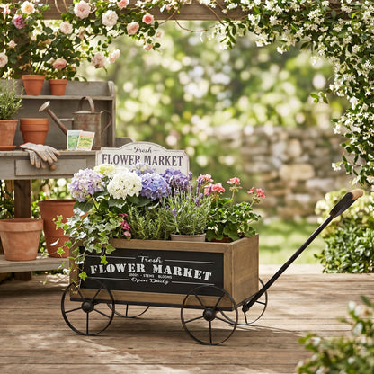 16.5x9.5x8" Rustic Wooden Wagon Planter with Black Iron Wheels and Handle - image 5