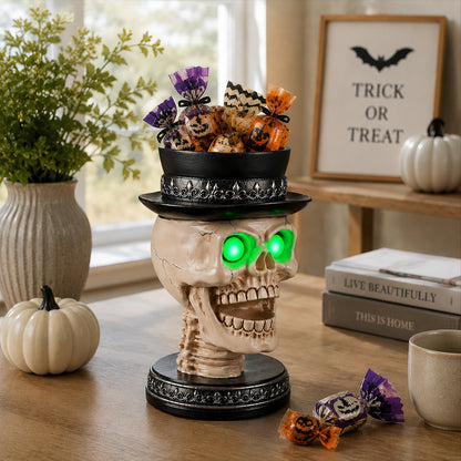 Halloween Skull Candle Holder with Glowing Green Eyes, Gothic Open Mouth Skeleton Head Statue with Black Top Hat, Spooky Tabletop Decor for Home Party - image 13