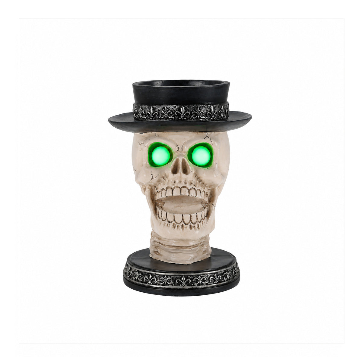 Halloween Skull Candle Holder with Glowing Green Eyes, Gothic Open Mouth Skeleton Head Statue with Black Top Hat, Spooky Tabletop Decor for Home Party - image 5