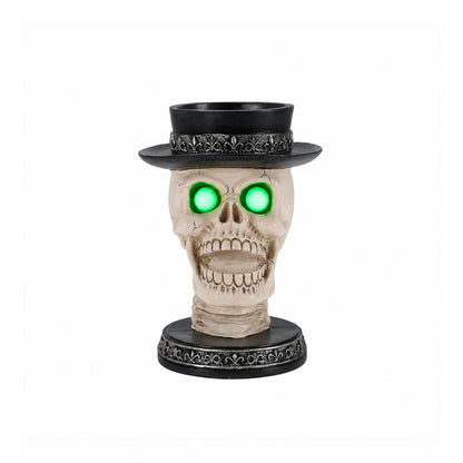 Halloween Skull Candle Holder with Glowing Green Eyes, Gothic Open Mouth Skeleton Head Statue with Black Top Hat, Spooky Tabletop Decor for Home Party - image 5