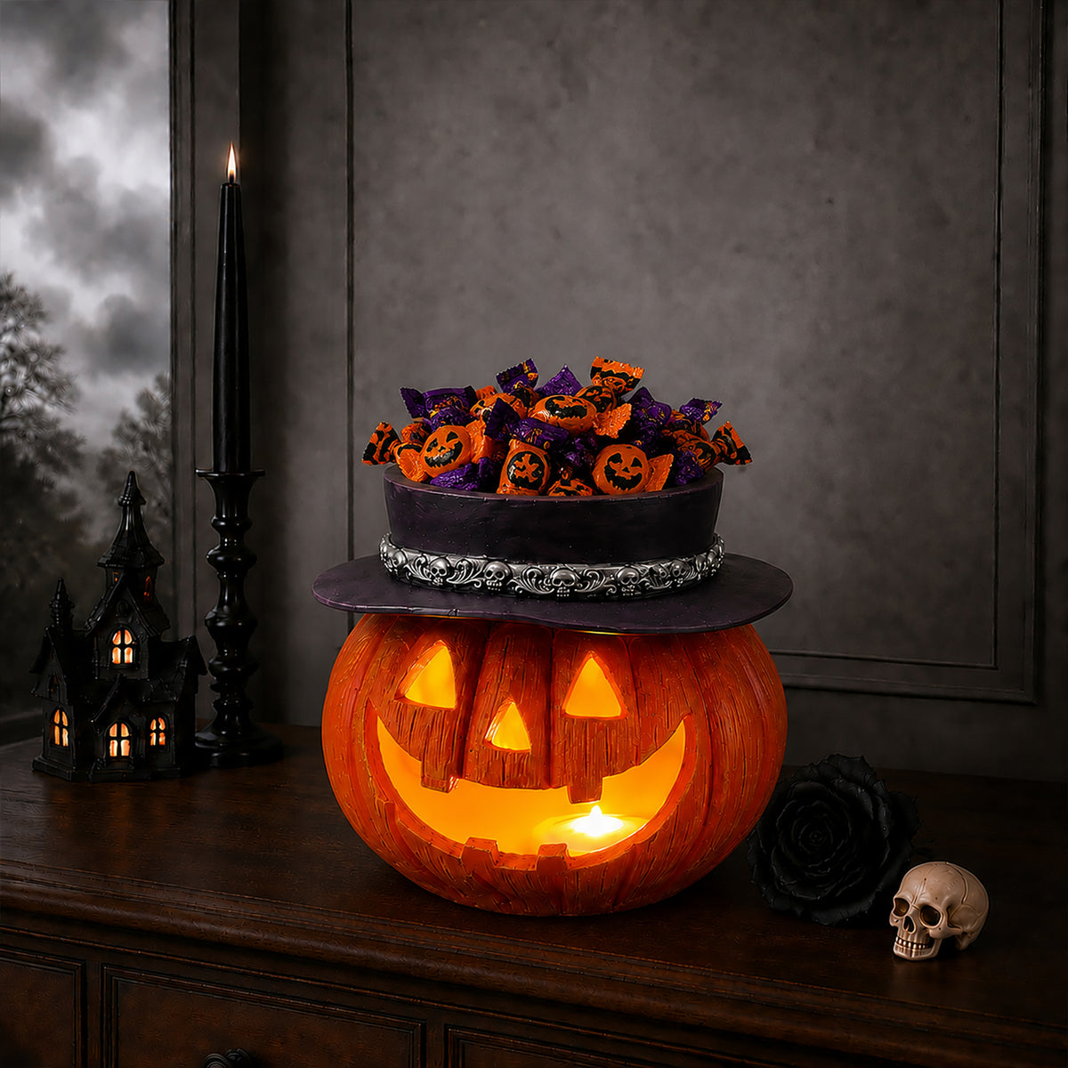 Halloween Pumpkin Candy Bowl with Witch Hat, Light Up Jack O Lantern Decoration, Spooky Tabletop Storage Container for Home Party Decor - image 10